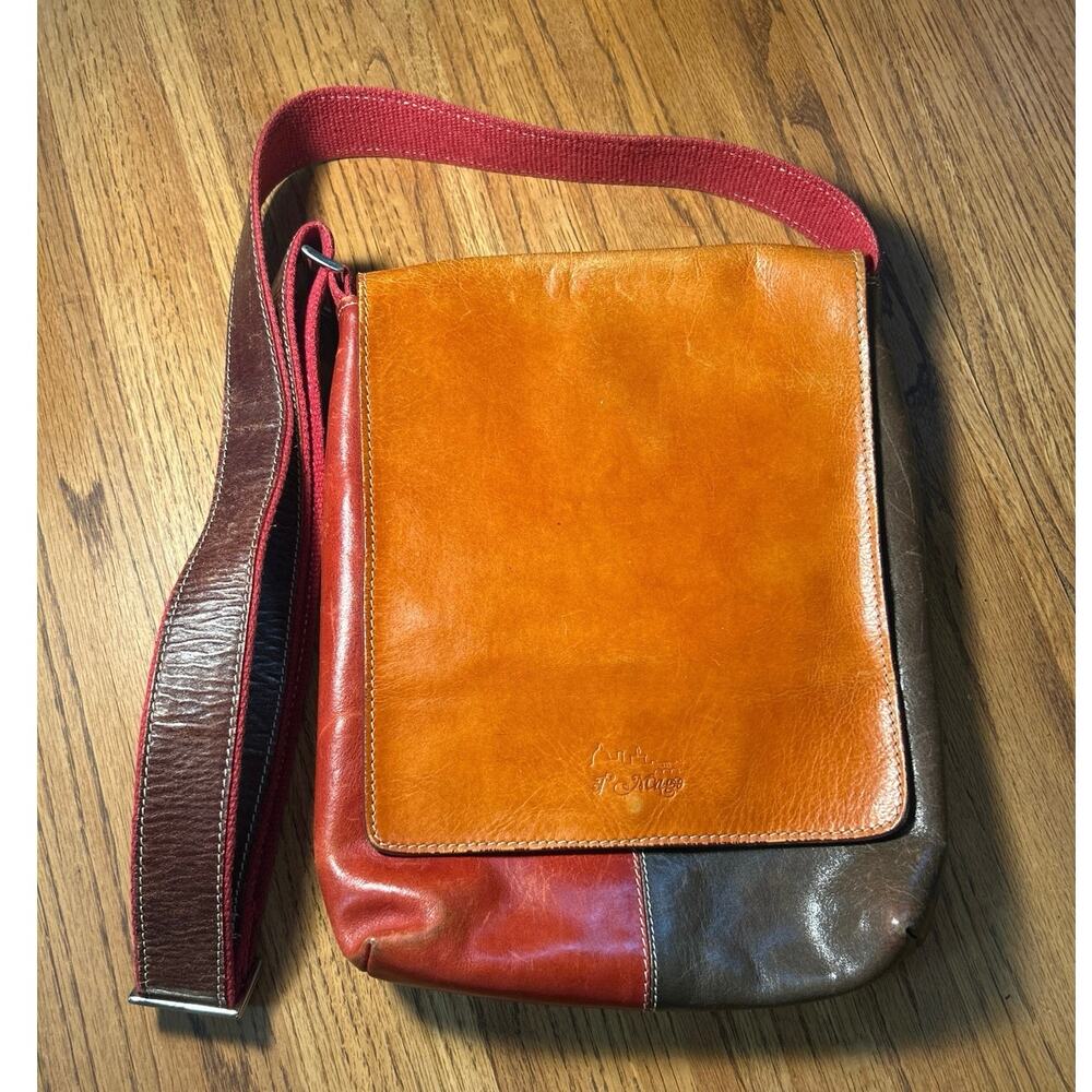 I’Mago Leather Saddle Bag Purse, Brn/Multi Color Crossbody Boho Hippie Italy